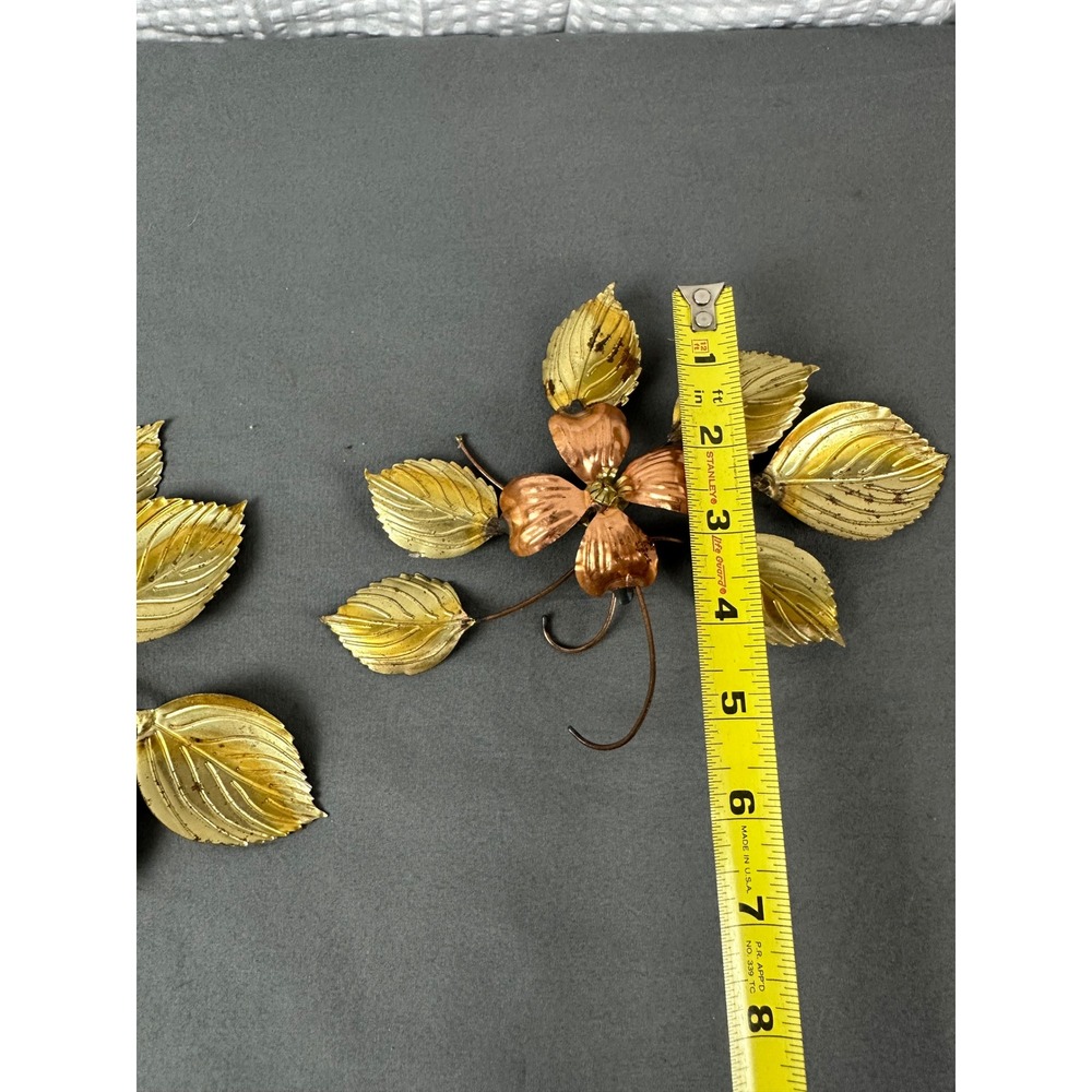 2 Vtg Home Interiors Dogwood Flowers & Leaves Brass Copper Metal Wall Sculptures - Picture 8 of 8